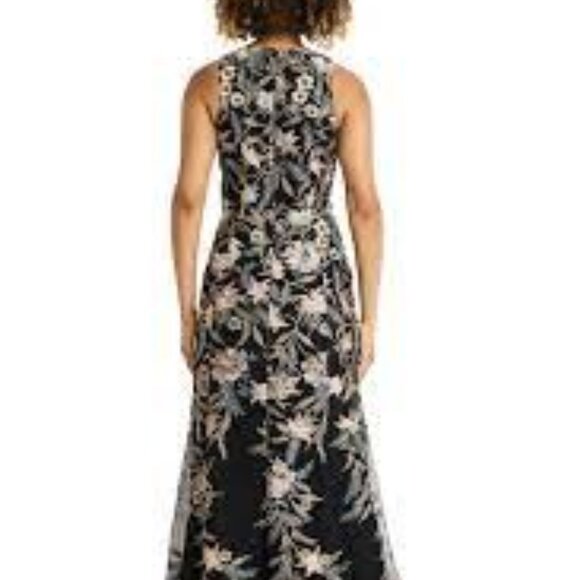 Maggy London Nissa embroidered black mesh gold halter dress gown size 10 - Picture 5 of 9